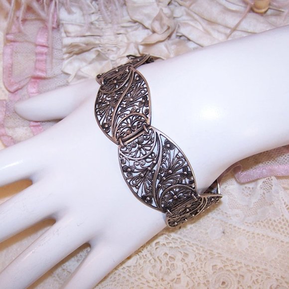 Art Deco European 835 Silver Filigree Link Bracelet - 7.25" Wearable - Picture 1 of 12
